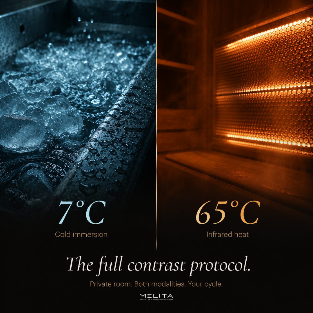 Contrast therapy at Melita ReGen Lab — 7°C cold immersion and 65°C infrared heat